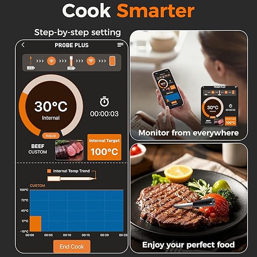 NiTsai Smart Wireless Meat Thermometer with Ultra Thin Probe, Remote Monitoring and Instant Read with APP, Bluetooth Food Thermometer for Oven, BBQ, Smoker, Grill, Air Fryer