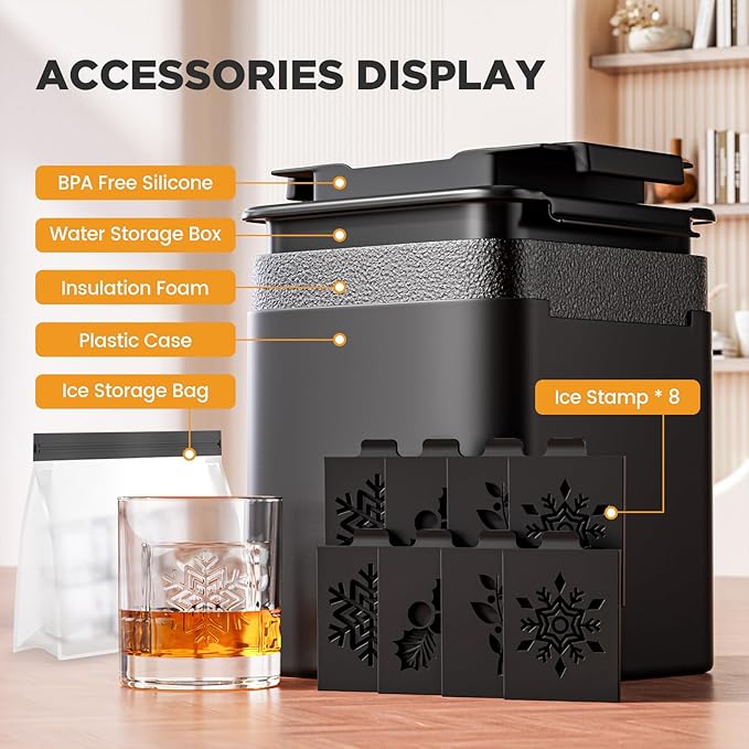 Samuelworld Clear Ice Cube Maker with Winter Design Silicone Inserts: 4 Extra Large 2 inch Clear Square Ice for Whiskey, 2025 Upgraded Crystal Ice Cube Mold - Ice Storage Bag