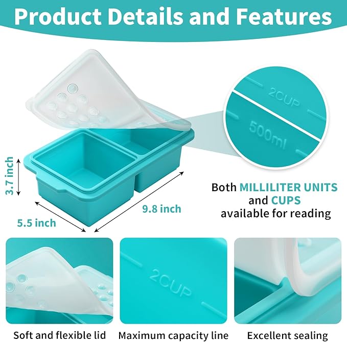 2 Cup Silicone Freezer Tray Ice Cubes with Lids and Date Mark for Storing Lasagna Leftovers Sauces Portioned Meals and More, Silicone Soup Freezer Molds for Meal Prepping 2 Pack Aqua