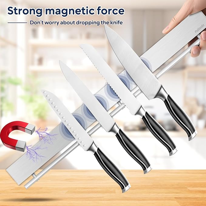 23 inch magnetic knife holder with 15 hooks, No Drilling knife magnetic strip and utensil hanger for wall, Powerful knife magnet rack include tape and screws