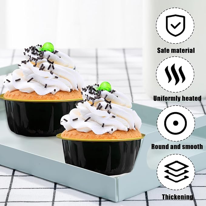 100 Pcs 8 oz Aluminum Foil Cup with Lids Disposable Ramekins with Lids Disposable Ramekin Baking Cups Foil Cupcake Containers for Wedding, Christmas, Kitchen, Party (Black, Gold, 8 oz)