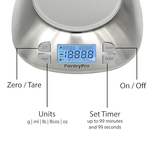 Stainless Steel Digital Kitchen Scale w. Bowl - for Food Coffee Lab - LCD Display gram Ounces lb:oz lb ml - 12 LBS/5.5 KG Capacity - Battery Included - Gold by The Display Guys