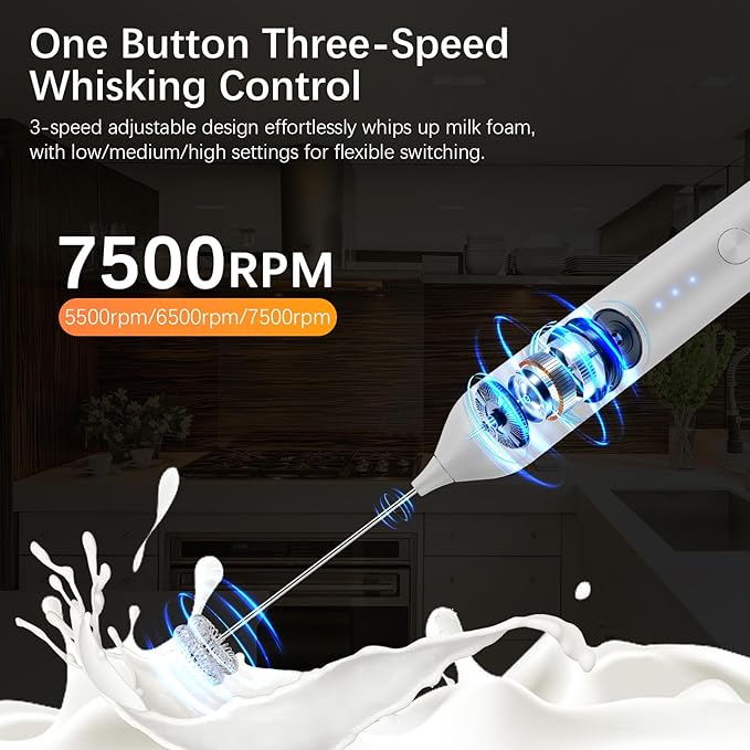 Rechargeable Milk Frother with Stand, Electric Frother Wand Handheld Coffee Foam Maker Detachable Stainless Steel Whisk Drink Mixer Foamer for Latte, Cappuccino, Hot Chocolate, Egg (White)