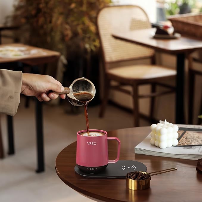 Temperature Control Smart Mug, Self Heating Coffee Mug LED Display, 180 Min Battery Life - Hot up to 149℉ Fast Wireless Charger Base Improved Design coffee serving sets(12oz, Dusty Rose)