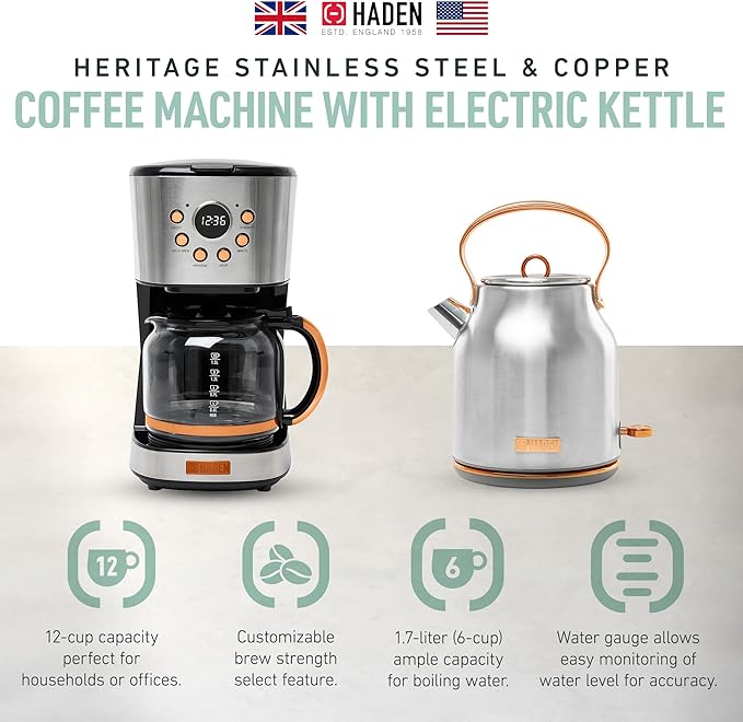 HADEN Heritage 1.7 Liter Stainless Steel Electric Kettle Bundled with 12 Cup Drip Coffee Maker, Coffee Machine with Auto Shut-Off, Steel & Copper