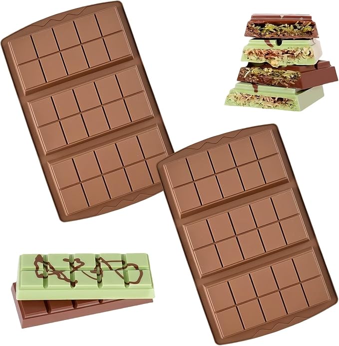 2 Pc Chocolate Bar Mold Set, 10 Snap 4/5 Inch Deep Large Chocolate Mould Silicone Break Apart Thick Silicone Molds for Candy, Dubai Pistachio, Snacks and Desserts