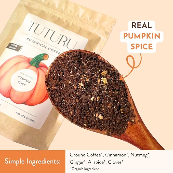 Organic Pumpkin Spice Ground Coffee | Real Pumpkin Spices | Medium Roast, Flavored Coffee | Smooth Low-Acid | Perfect for Drip, Pour Over or Cold Brew | 8 oz, 22 Servings
