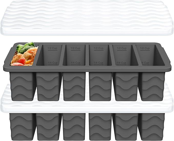 1/2 Cup Silicone Freezer Molds with Lid, 2-Pack Silicone Freezer Trays for Soup, Sauce & Broth – Meal Prep Containers, Large Ice Cube Tray, Oven & Dishwasher Safe