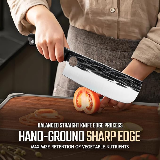 Huusk Japanese Nakiri Knife, 7 Inch Vegetable Chopping Knives with Full Tang Design, Hand Forged Cleaver with Ebony Handle, Japanese Kitchen Knife for Meat Cutting, Cooking Gift for Men