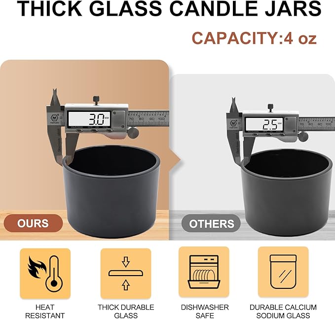 Thick Candle Jars for Making Candles 16 Pcs, 4 OZ Empty Jars with Wood Lids for Candle Making, Sample Container - Dishwasher Safe,Matte Black