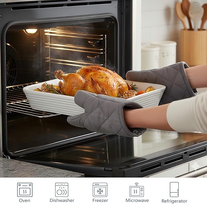 ONEMORE Baking Dishes for Oven, Large Casserole Dishes for Oven with Roasting Racks, Rectangular Ceramic Baking Dish Set of 3 for Cooking & Serving, Handleless Deep Dish Lasagna Pan (3QT/2.1QT/1.3QT)