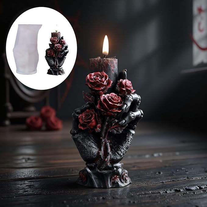 Halloween Candle Molds Kit with 50pcs Wax Core, Spooky 3D Ghost & Skeleton Candle Mold Kit for DIY Halloween Candles, Soap, and Resin Crafts, Home Party Decor Skull Flower Hand(B-Hand)