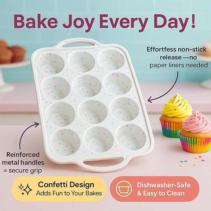 2-Pack Silicone Muffin Pan Set – Regular 12-Cup & Mini 24-Cup Nonstick Cupcake Pans – Metal-Reinforced Handles, BPA-Free, Non-Toxic, Dishwasher Safe, Cream Color Bakeware