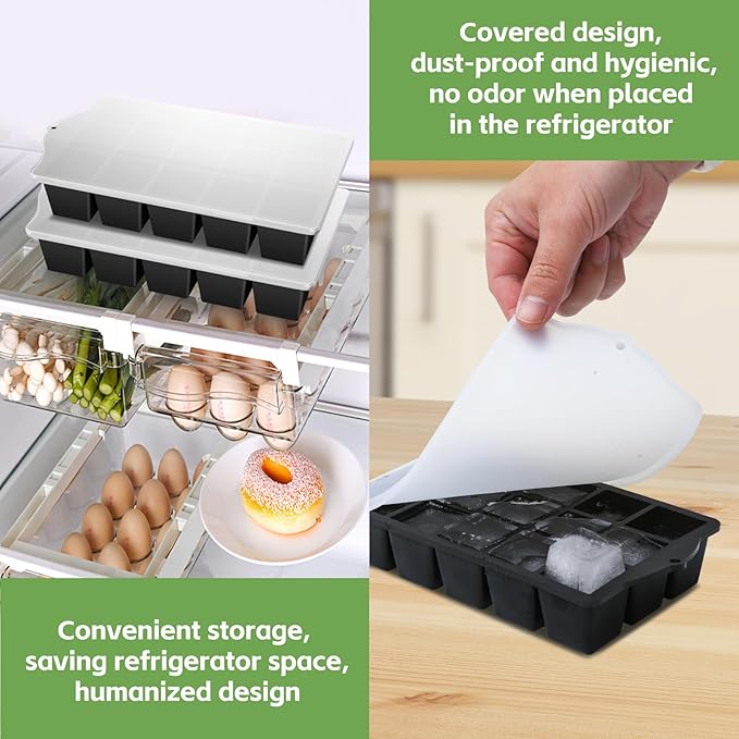 FANYITY Bpa Free Silicone Ice Cube Trays 4-Pack with Locks lids,Easy Release Ice Molds for Freezer,Perfect for Cocktails, Whiskey, Coffee
