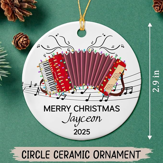 Unique Accordion Musical Ceramic Xmas Ornament 2025, Customized Year Text Name Accordionist Christmas Ornaments Gift for Accordion Player Friends Daughter Son Dad Mom,Personalized Accordions Ornament