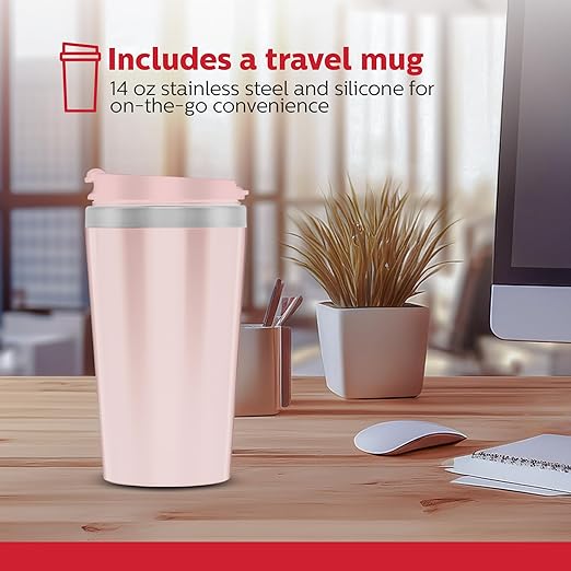 Holstein Housewares Personal Coffee Maker with 14oz Travel Mug – Compact One-Touch Brew Machine with Reusable Filter, Auto Shut-Off, Non-Stick Plate, Ideal for Home, Office, or Dorm. Pink