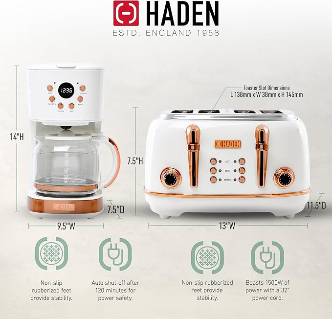 Haden Heritage 4 Slice Wide Slot Stainless Steel Toaster Bundled with 12 Cup Programmable Drip Coffee Maker Coffee Machine, Ivory & Copper