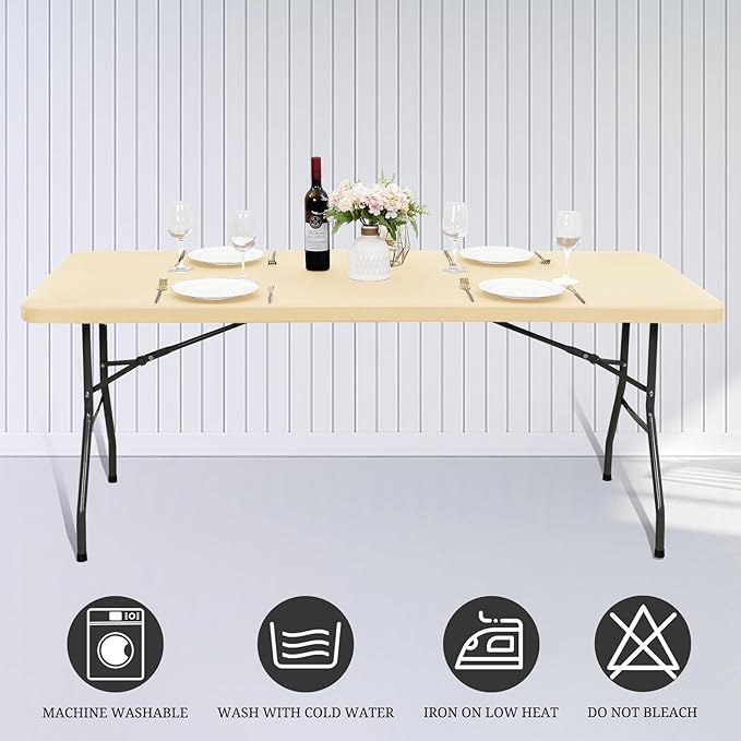 10 Pack Fitted Tablecloth for 6 Foot Rectangle Tables, Beige Elastic Outdoor Picnic Table Cover, Washable Stretch Folding Table Cloths 6 ft for Camping Party Patio Kitchen Banquet, 30" W x 72" L