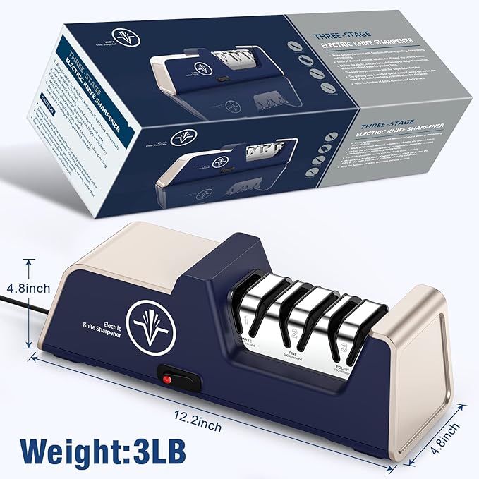 Homly Professional Electric Knife Sharpeners for Kitchen Knives with Diamond Abrasives and Precision Angle Guides, Multifunctional 3-Stage Slots, Applicable to Straight Knife and Ceramic Knife