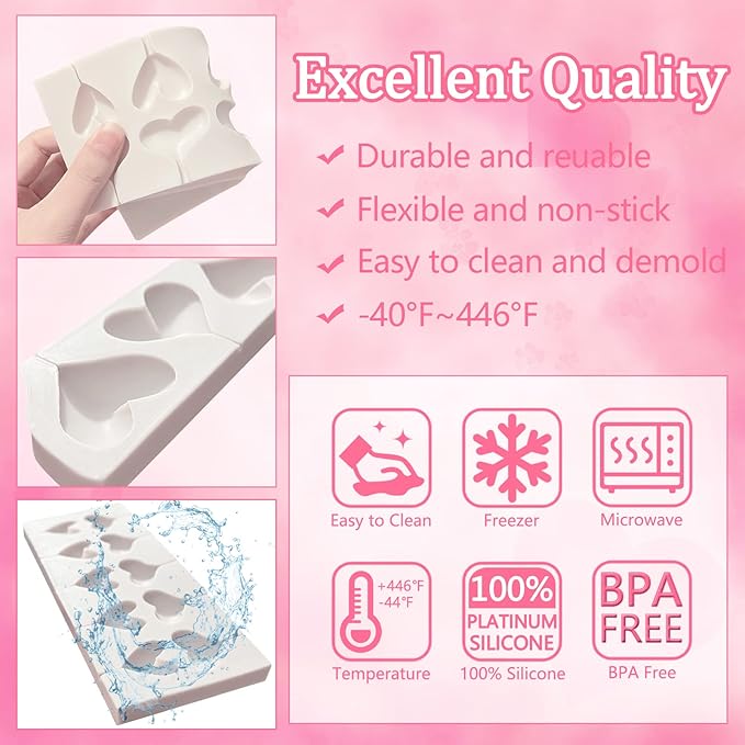 2 Pcs Heart Fondant Molds, Heart Shaped Lollipop Kitchen Baking Silicone Molds for Valentine's Day Cake Decorating, Candy Chocolate, Cookies, Marzipan, Clay, Epoxy, Butter, jelly