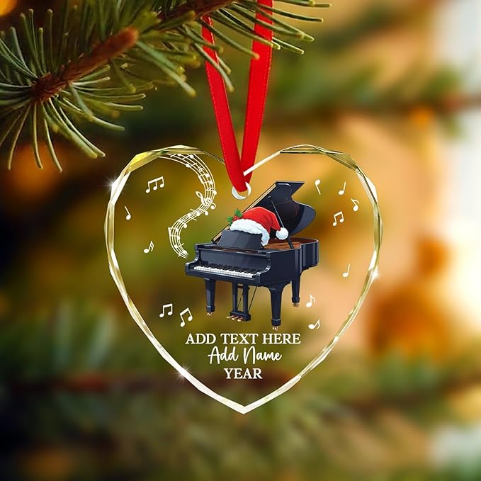 Customized Text Name & Year Piano Christmas Glass Ornament, Piano Lover Christmas Ornaments 2025, Personalized Pianist Xmas Tree Ornament, Musical Instrument Xmas Decor Gift for Son Daughter