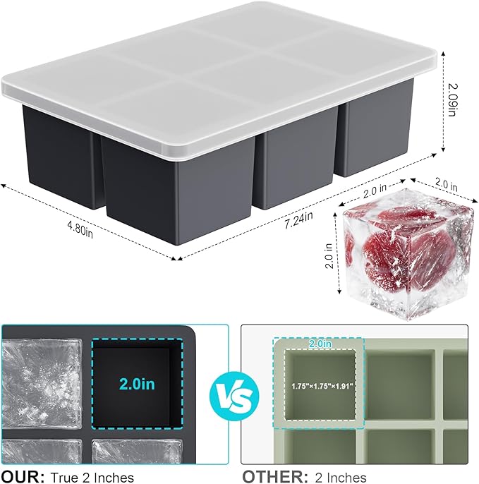 Large Ice Cube Tray for Whiskey: 2inch Big Silicone Ice Trays with Lid for Whisky - 3Pack Old Fashioned Ice Cube Trays for Cocktail - Huge Square Cubed Bourbon Ice Cube Maker