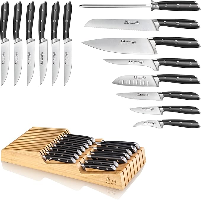 Cangshan ALPS Series 502810 German Steel Forged 15-Piece In-Drawer Knife Set with Bamboo Tray, (Black)