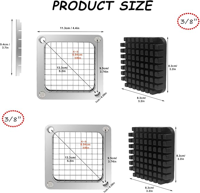 2Pcs 3/8''Replacement Chopper Blade, Commercial Vegetable Chopper Dicer Stainless Steel Blade and Pusher Block for Fruit Cutting Machine Tomato onion French Fries Cutter