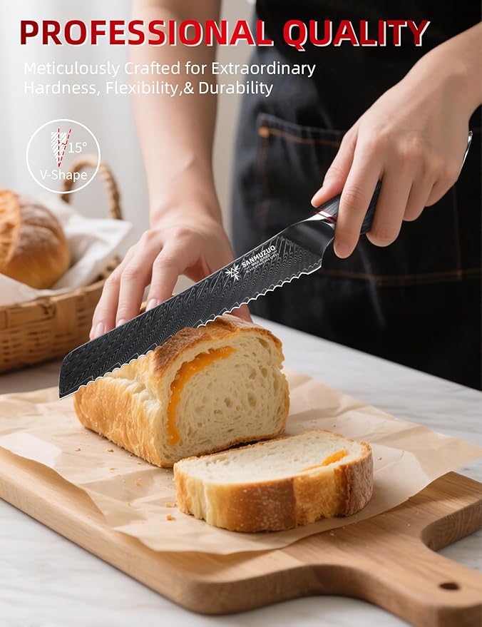 8 Inch Bread Knife Serrated Blade - Black Damascus Steel with Ergonomic Handle - MIAO Series