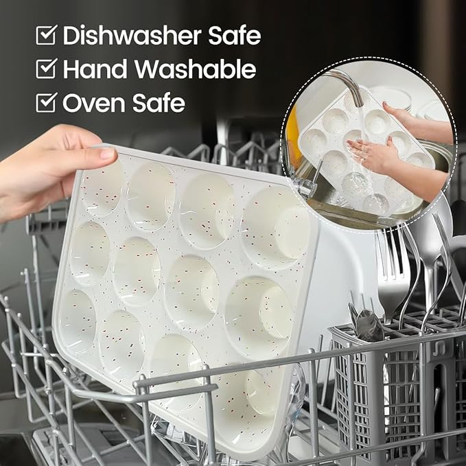 Silicone Muffin Pan, Metal Reinforced Frame Cupcake Pan 12 Cups Regular Size Easy to Move in or Out of Oven Non-Stick (2)