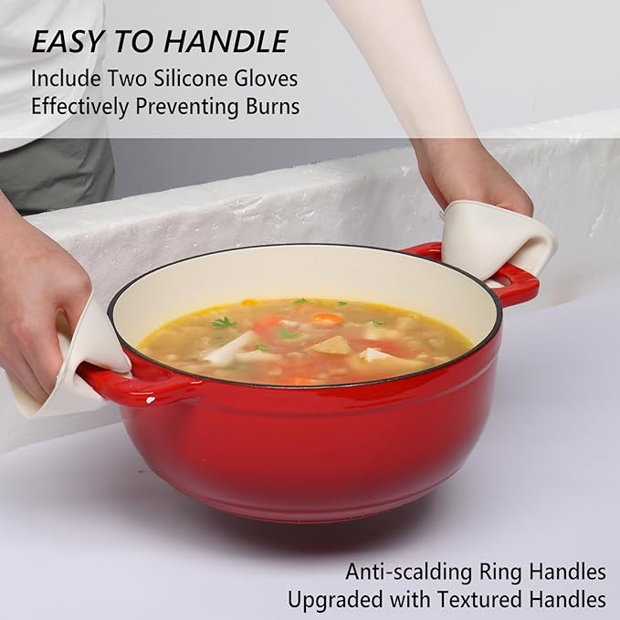 VINGLI 6QT Enameled Cast Iron Round Dutch Oven Pot with Lid, NonStick Casserole Pot with Dual Handles & Silicone GlovesRed, Oven Safe up to 500°F or on Stovetop, Dutch Oven for Bread Baking, Red