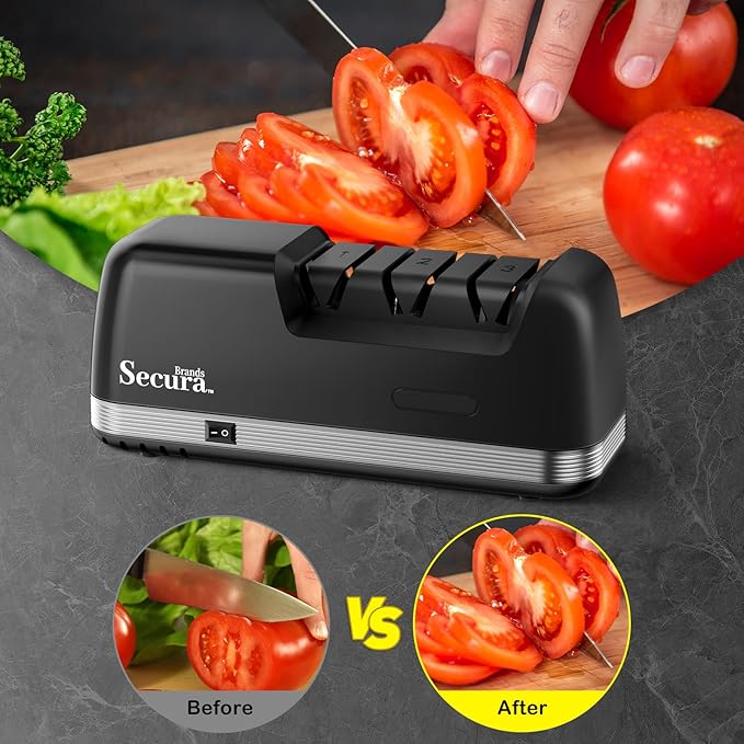 Secura 3-Stage Electric Knife Sharpener with 100% Diamond Abrasives and Precision Angle Guides, Professional Sharpening Tool for Kitchen Straight Edge, Serrated Knives and Ceramic Knife, Black