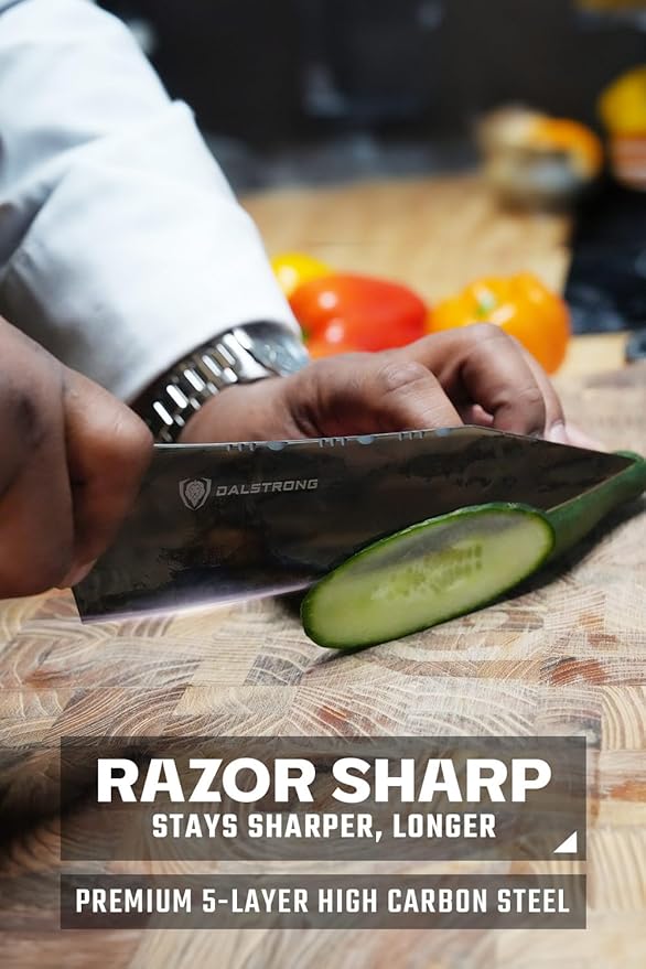 DALSTRONG Chef Knife - 8 inch - Valhalla Series - Ravenstone Black Blade Titanium Coated - Premium 9CR18MOV HC Steel - Resin & Wood Handle - Razor Sharp - Kitchen Cooking Chef's Knife - Leather Sheath