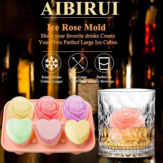 Silicone Ice Cube Trays for Freezer, 2 Pack Cute Ice Cube Tray with Lid,Rose Ice Mold and Heart Ice Mold Make 6 Giant Cute Flower Shape Ice for Cocktails Whiskey Bourbon,Father's day gifts