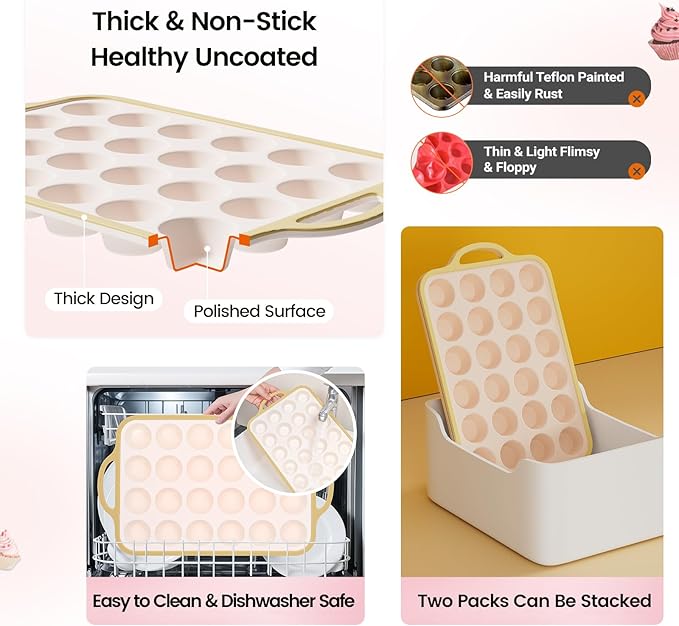 Silicone Mini Muffin Pan With Metal Reinforced Frame - 24 Cups Durable Silicone Cupcake Pan for Muffin, Cupcakes, BPA Free and Dishwasher Safe - 2 Piece Light Yellow