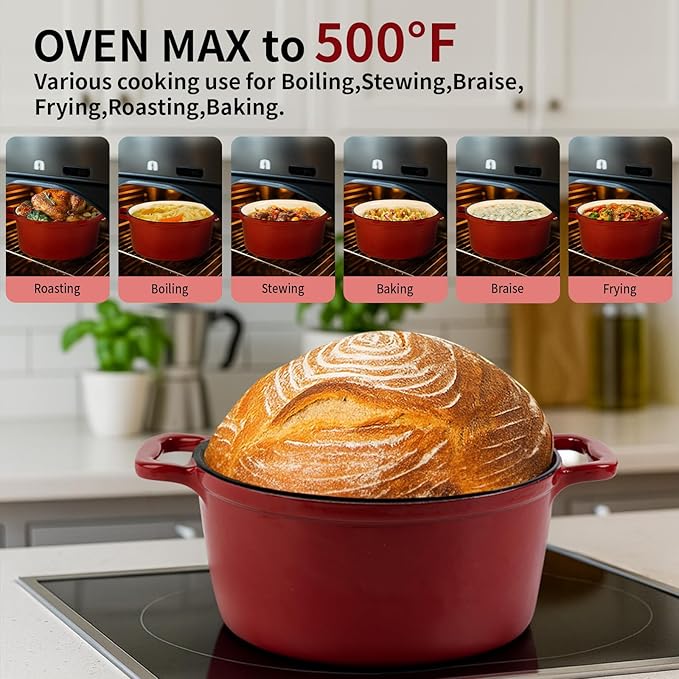 Enamel Cast Iron Dutch Oven with Lid, Round Casserole Pot for Bread Baking, Braising, Roasting, and Stews, Heavy-Duty, Oven Safe, Induction Compatible (4.7QT,Red)