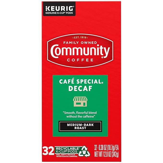Community Coffee Café Special Decaf Medium-Dark Roast Single Serve Keurig K-Cup Pods 32 Count Box (Pack of 4)