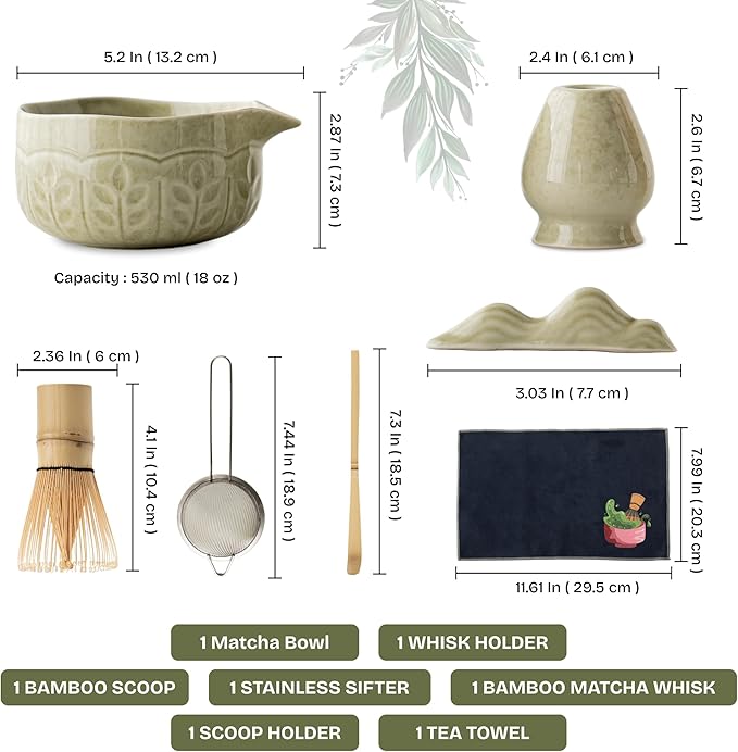 Matcha Whisk Set, 7 PCS Matcha Kit with Matcha Bowl with Spout, Bamboo Matcha Whisk and Scoop, Matcha Accessories & Sifter – Complete Matcha Set for Tea Lovers, Matcha Gift Set (Green)
