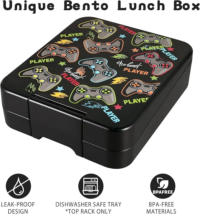 Bento Lunch Box Set for Kids with 10oz Soup Thermo, Leak-Proof Lunch Containers with 4 Compartment, Kids Thermo Hot Food Jar and Insulated Lunch Bag for Kid to School,BPA-Free(Black-Game Console)