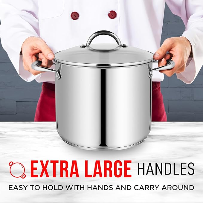 Stainless Steel Stockpot with Tempered Glass Lid 14 Quart, Durable 18/0 Stainless Steel, Impact-Bonded Base for Even Heating, Riveted Handles, Oven & All Stove Compatible, Safe Up To 500°F (260°C)