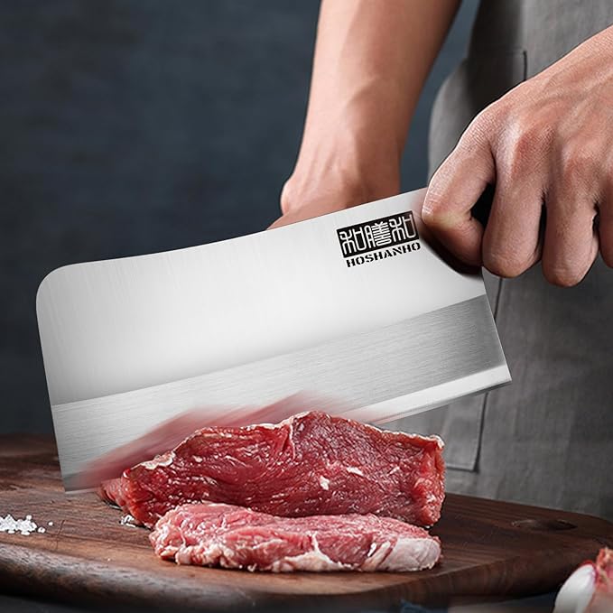 HOSHANHO 7 inch Cleaver Knife, High Carbon Powder Steel Meat Cleaver, Bone Chopper Butcher Knife with Ergonomic Wooden Handle for Home Kitchen and Restaurant