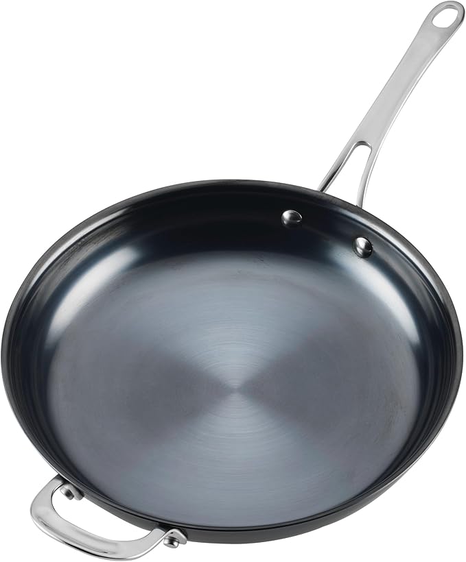 Anolon Everlast N2 Carbon Steel Frying Pan/Skillet with Helper Handle Compatible with All Cooktops, Metal Utensil Safe, 12 Inch - Black
