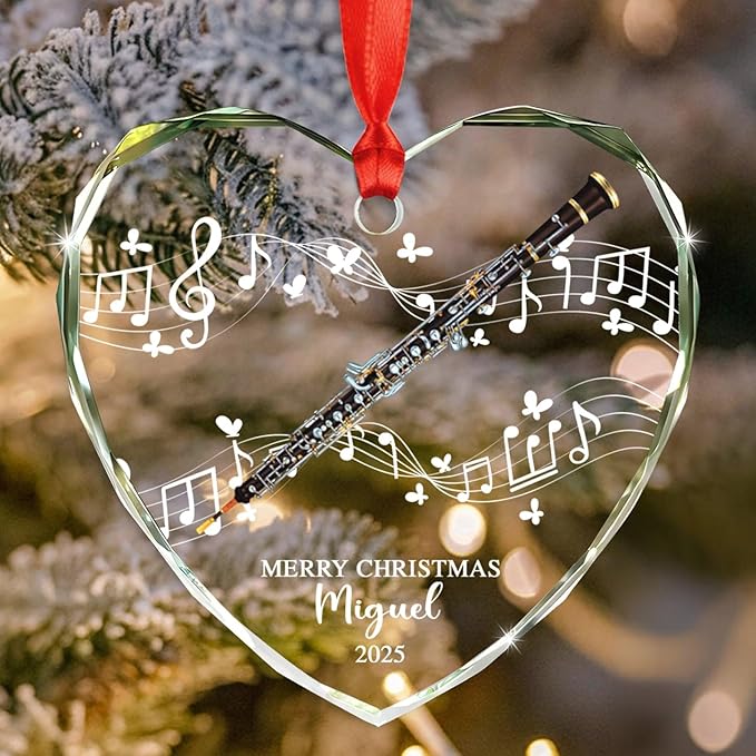 Personalized Text Year Name Oboe Lover Glass Keepsake Ornament, Customized Oboe Instrument Christmas Ornaments Gift for Parents Brother Sister Daughter Son, Unique Oboes Oboist Glass Xmas Ornament