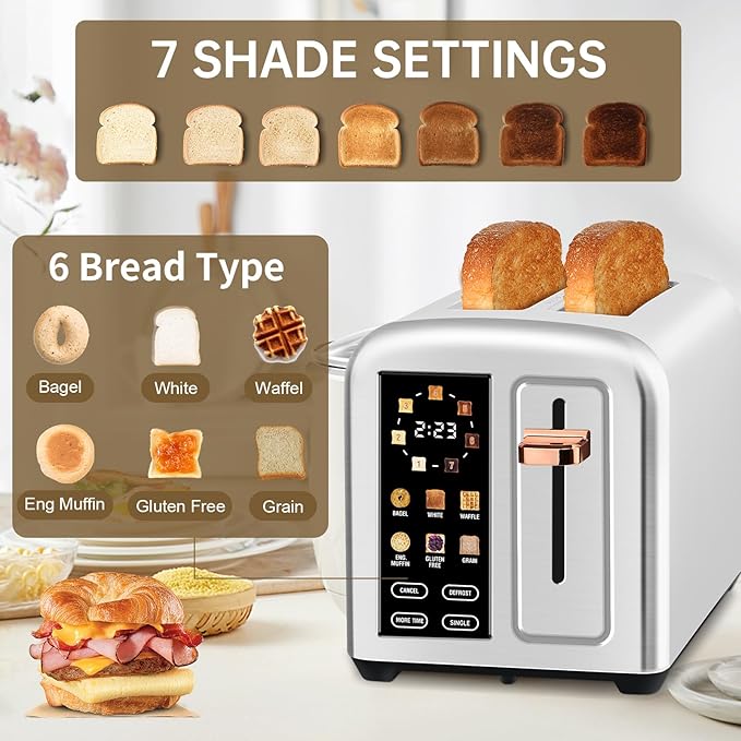 SEEDEEM Toaster 2 Slice, Real Touch Screen with LCD Display, Single-Slice Function, Stainless Steel Toaster, 50% Faster Heating, 1.5" Wide Slots, Removable Crumb Tray, 1350W, Silver Metallic