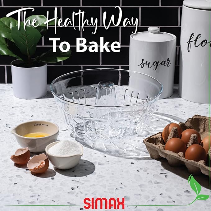 SIMAX Clear Glass Fluted Bundt Cake Pan, Heat, Cold, and Shock Proof, 2.1 Quart (8.4 Cups), Made in Europe, Great for Ring Cakes, Puddings, Desserts, Monkey Bread, and More, Dishwasher Safe