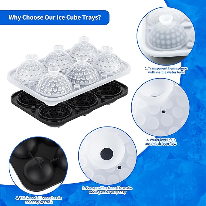 6 Chamber 2.2" 3D Golf Gifts Ice Cube Tray With Funnel,Large Round Ice Ball Maker Mold Silicone Fun Shapes Bourbon Sphere Ice Molds,For Chilling Whiskey,Cocktails,Bourbon,Brandy and Beverages
