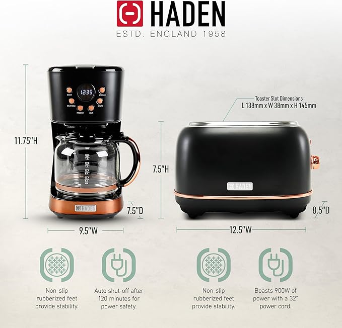 Haden Heritage 2 Slice Wide Slot Stainless Steel Toaster Bundled with 12 Cup Programmable Drip Coffee Maker Coffee Machine, Black & Copper