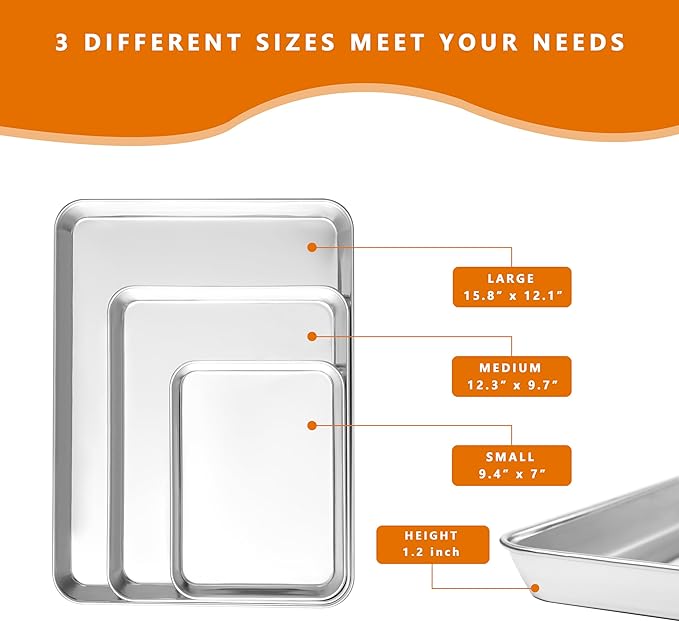 3 Pack Stainless Steel Baking Sheets - Non Stick Cookie Sheets & Pans for Oven, No Coating, Warp-Resistant & Dishwasher Safe, 9/12/16 Inch