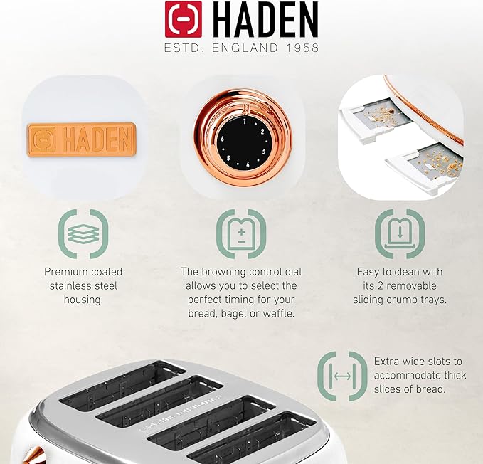 Haden Heritage 4 Slice Wide Slot Stainless Steel Toaster Bundled with 1.7 Liter Stainless Steel Electric Water Kettle, Ivory & Copper