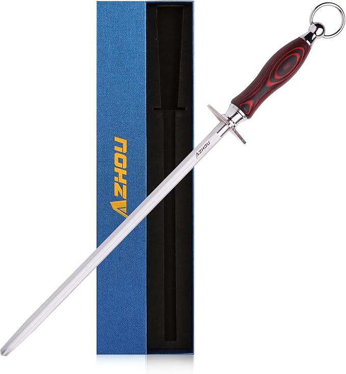 Azhou 12 Inch Fine Honing Rod, HRC 63±2 High Carbon Steel Knife Sharpener Rod with Wooden Handle, Professional Kitchen Knife Sharpener Kitchen Tools